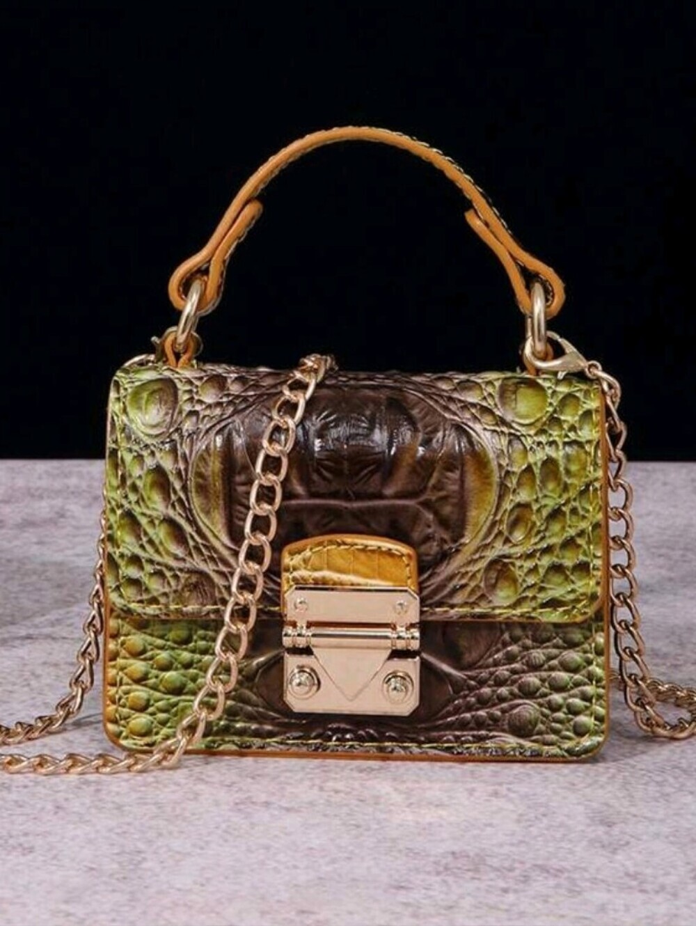 Goldfish Brown Croc-Embossed PU Leather Top-Handle Bag